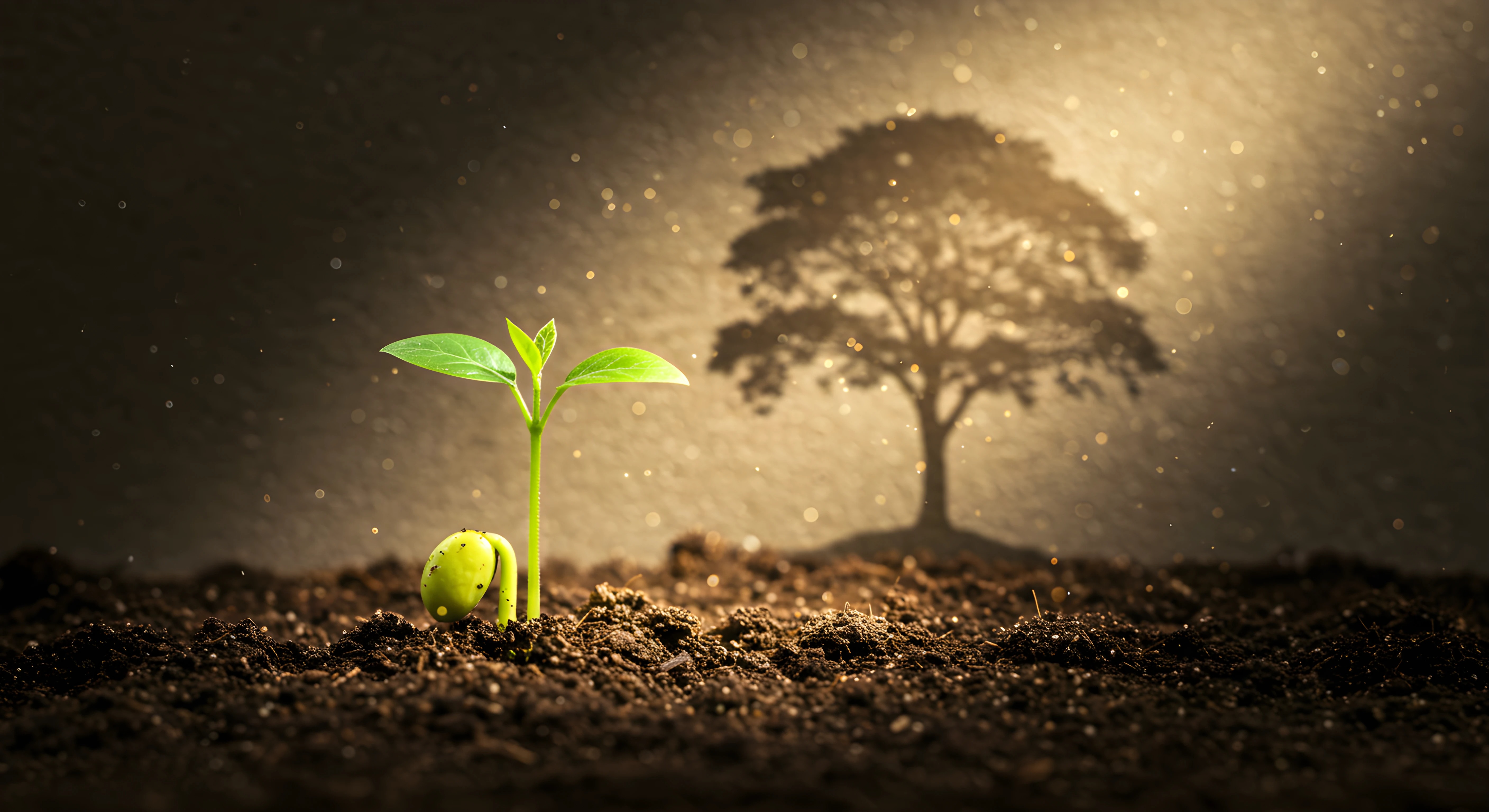 작은 새싹이 언젠가 될 큰 나무의 모습이 그림자로 표현되어 잠재력과 미래의 성장을 상징하는 희망적인 이미지: 갈색 흙에서 막 싹튼 초록색 새싹과 그 뒤에 빛나는 배경 위로 드리워진 성숙한 나무의 그림자가 보이는 희망적인 성장 이미지.