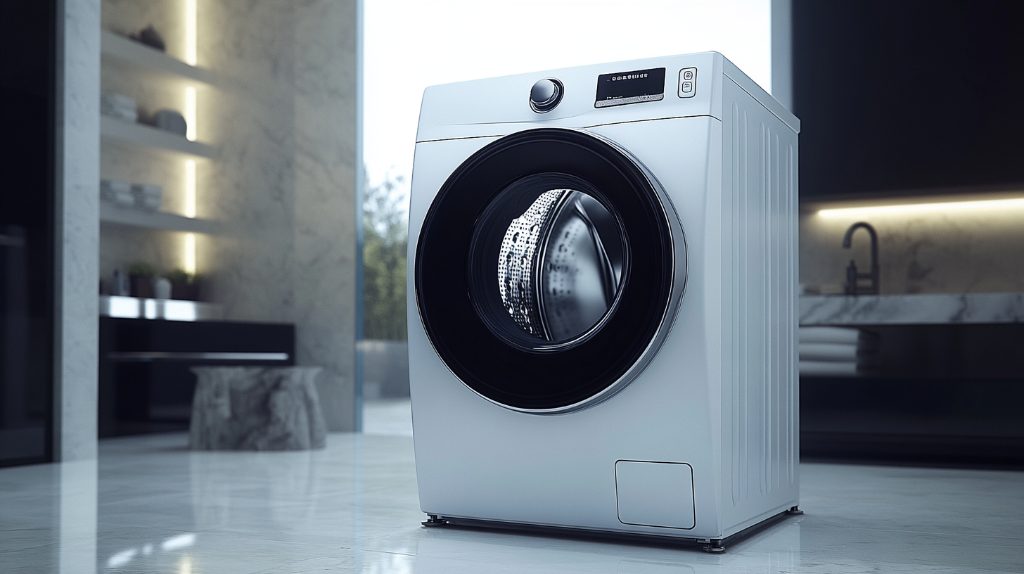 현대적인 빨래방에서 밝은 조명 아래 보여지는 삼성 BESPOKE WF21CB6650BW2N AI 세탁기의 세련되고 현대적인 디자인을 강조하는 현실적인 이미지