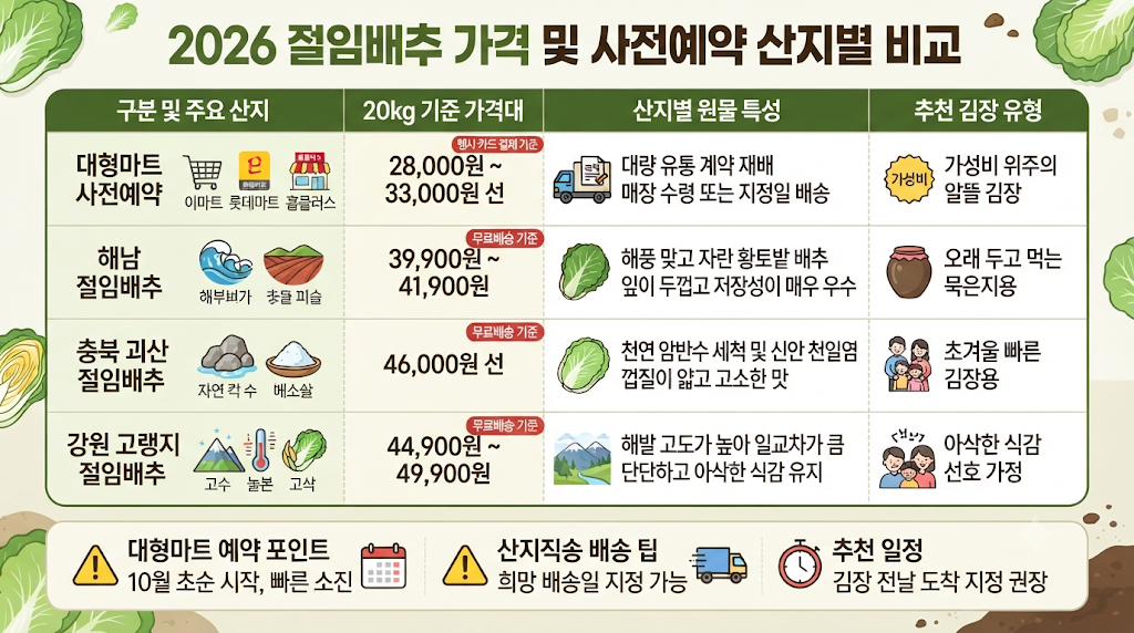 2026 절임배추 가격 및 사전예약 산지별 비교