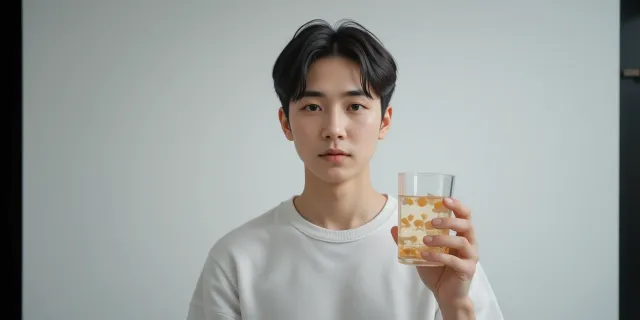 물과 보충제를 함께 들고 안심하는 모습