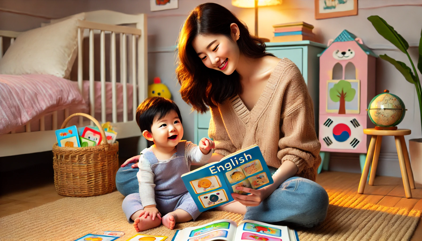 엄마와 24개월 미만 아이가 함께 영어공부를 하는 따뜻하고 즐거운 장면