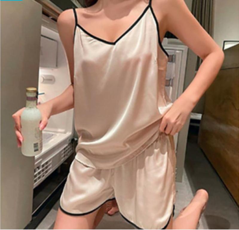 실크 여름 잠옷 세트 민소매 나시 파자마 반바지 여자