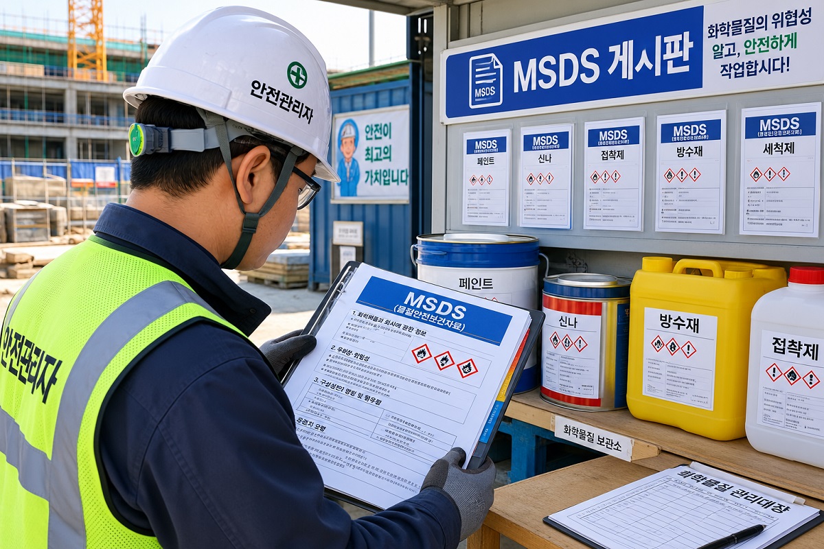 건설현장 안전관리자가 화학물질 MSDS를 확인하는 모습