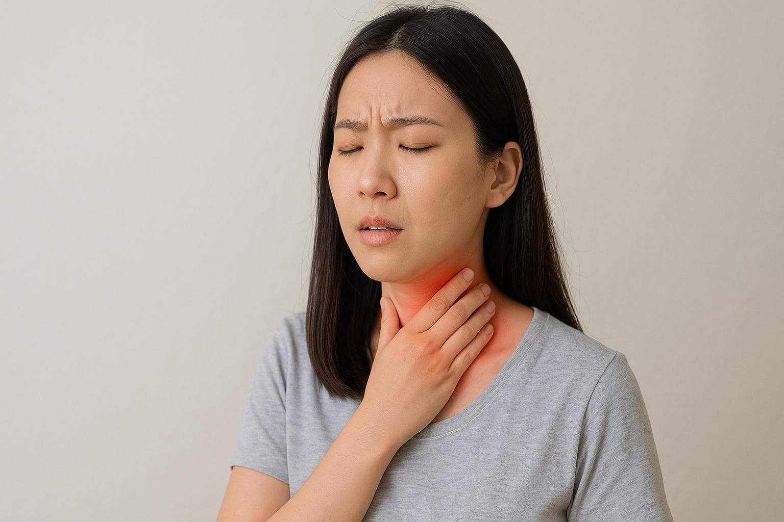 목구멍 통증을 느끼는 여성