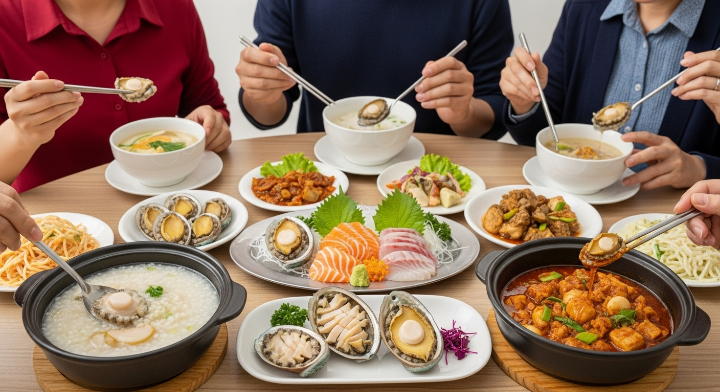 해산물을 이용해 만든 요리를 가족들 여러명이 둘러 앉아 즐겁게 식사하는 모습입니다.