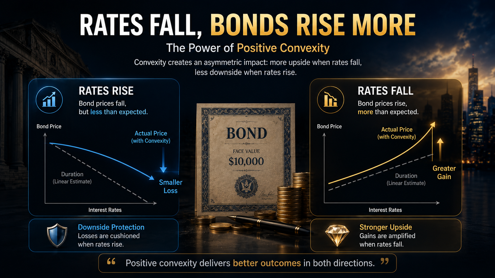 Positive convexity diagram showing larger gains when interest rates fall and smaller losses when rates rise.