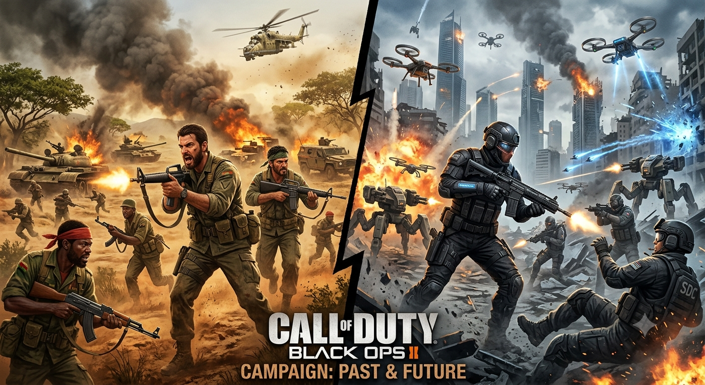 Call of Duty Black Ops II 캠페인의 과거와 미래 전투 장면