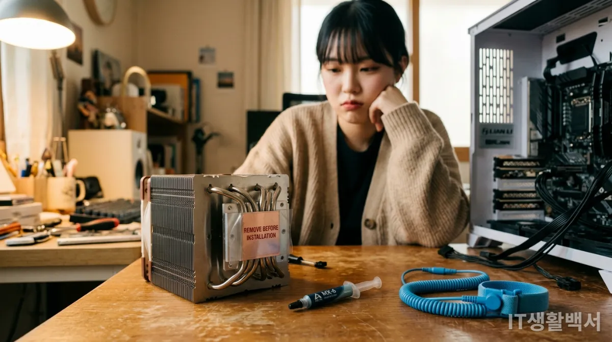 CPU 쿨러 바닥의 보호 필름과 서멀 페이스트, 정전기 방지 밴드