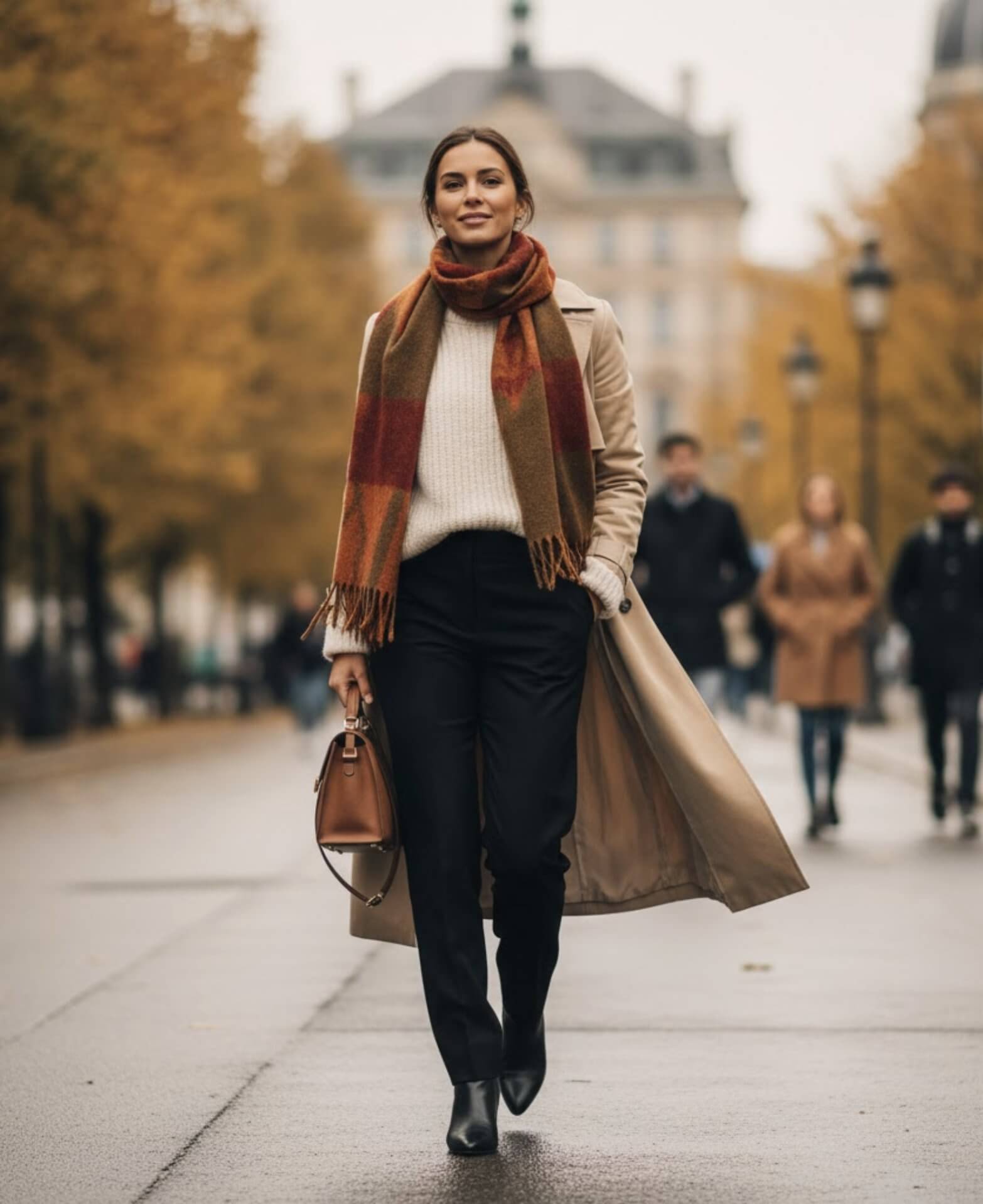 밝은 아이보리 니트 스웨터와 어두운색 바지를 입고 있는 여성