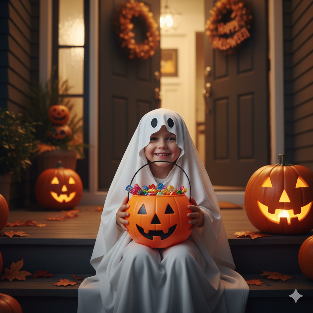 사탕이 가득 담긴 호박 바구니를 안고 환하게 웃고 있는 유령 분장을 한 아이