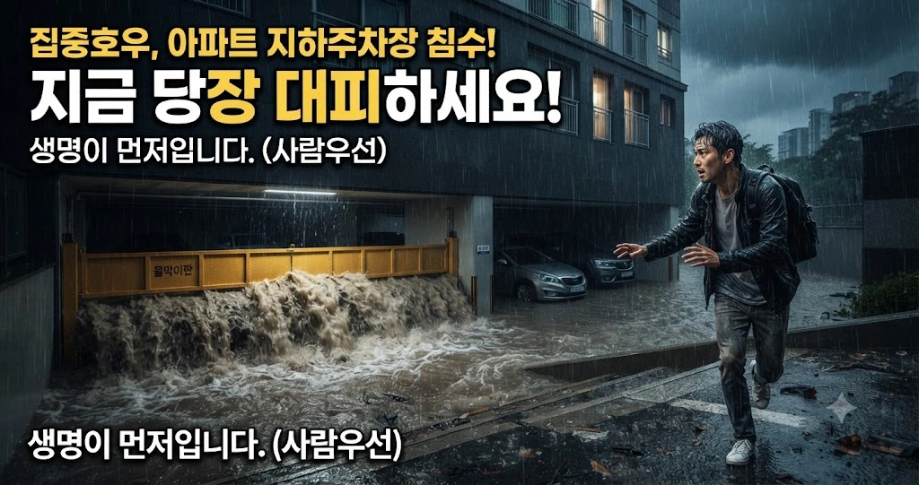 집중호우로 물이 불어난 아파트 지하주차장 입구에서 물막이판을 앞에 두고 긴급하게 대피하는 사람의 모습