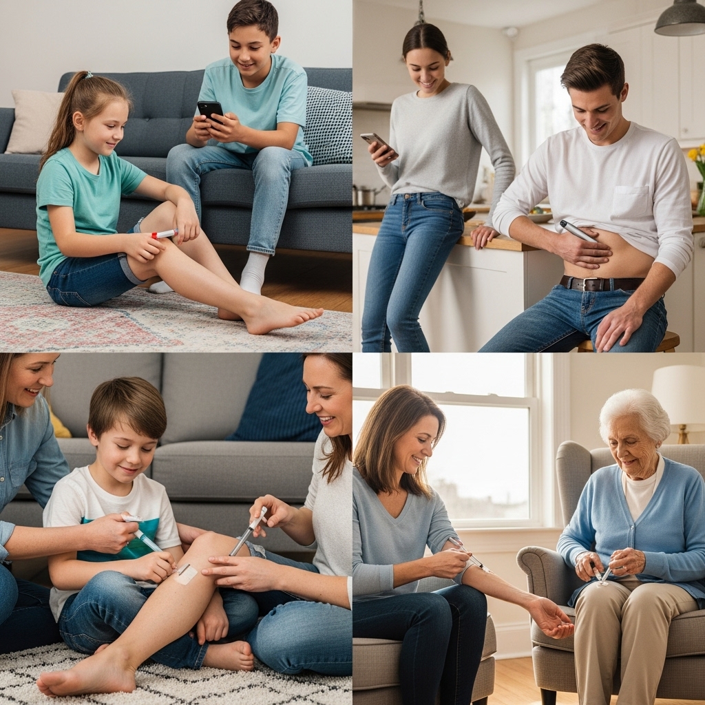 집에서 현대적인 자동 주사기로 편안하게 자가 투여하는 다양한 연령대의 사람들 모습2