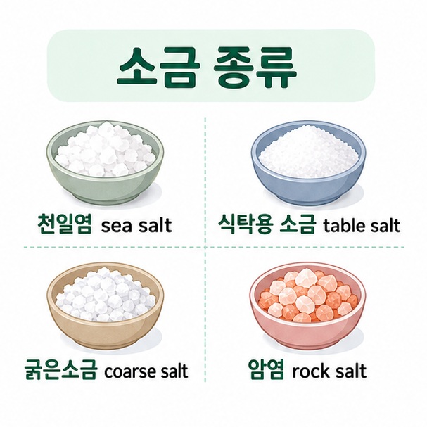 천일염은 sea salt, 식탁용 소금은 table salt, 굵은소금은 coarse salt, 암염은 rock salt라고 표현하는 이미지