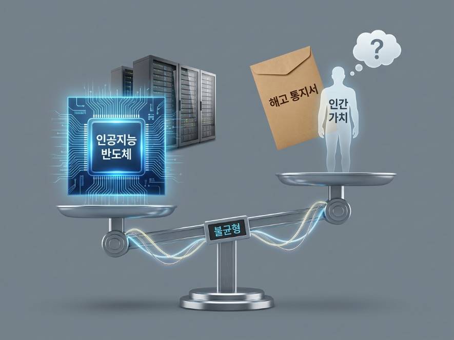 저울 위에 AI 반도체 칩과 인간 실루엣이 올라가 있는 개념적 합성 이미지