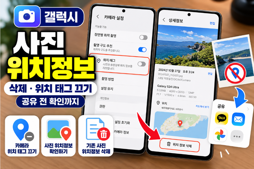 갤럭시 사진의 위치 태그를 끄고 기존 사진의 위치 정보를 삭제하는 모습