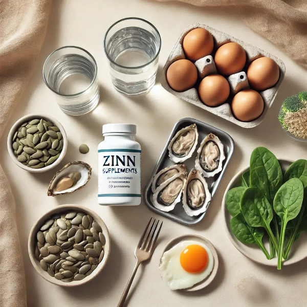 아연이 풍부한 굴, 시금치, 호박씨 등이 정돈된 건강 식단 이미지