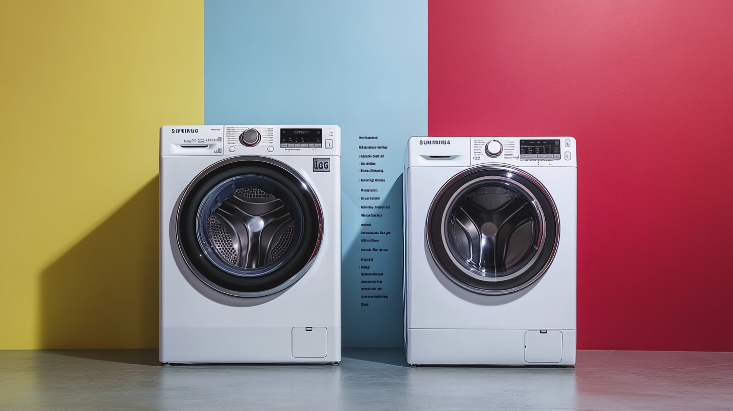 LG와 삼성 세탁기를 나란히 비교한 인포그래픽 스타일 이미지, 주요 기능과 장점이 표시된 명확하고 정보적인 시각 요소
