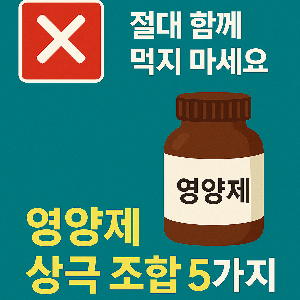 빨간색 ‘X’ 아이콘과 함께 "절대 함께 먹지 마세요"라는 문구, 갈색 영양제 약병 그림, 그리고 "영양제 상극 조합 5가지"라는 경고성 메시지가 적힌 정보성 이미지.
