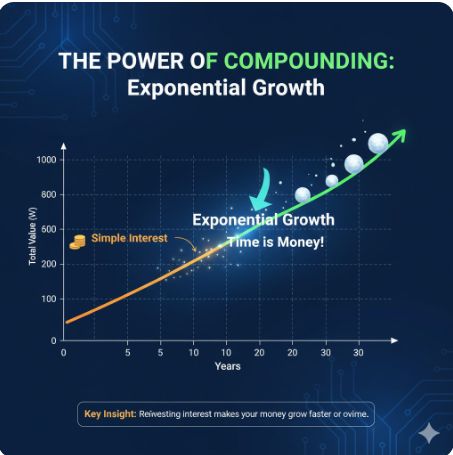 단리와 복리의 자산 증가 곡선이 시간이 지남에 따라 벌어지는 그래프