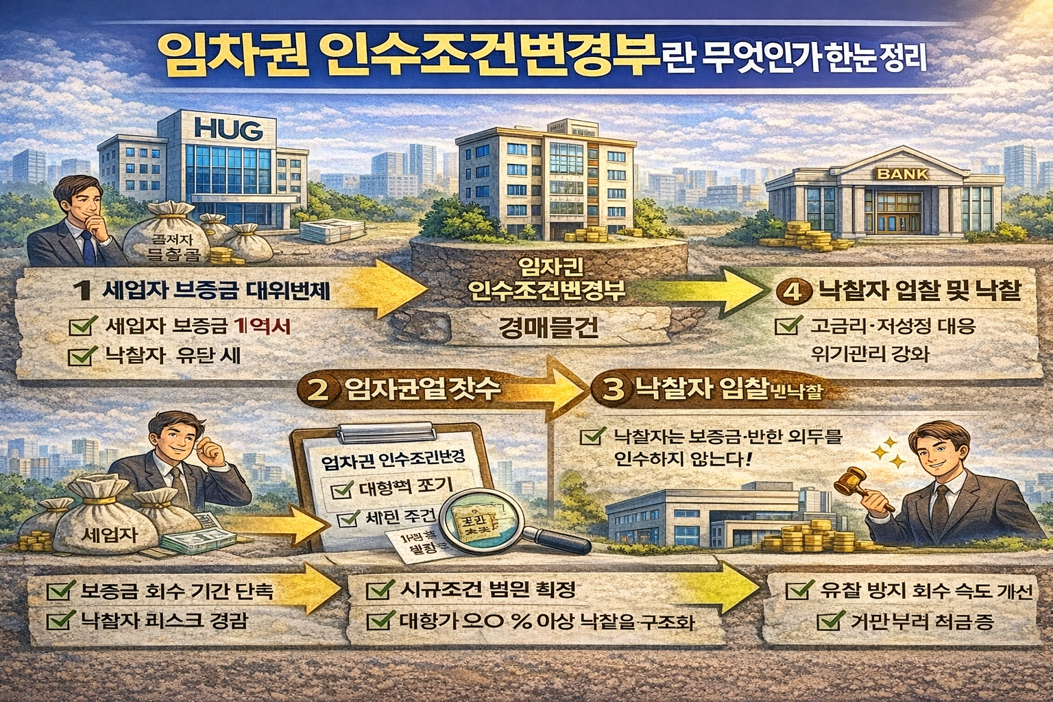 HUG 전세보증금 반환 경매에서 임차권 인수조건이 변경되는 구조를 설명한 도식