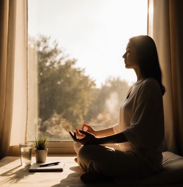 창가에 앉아 명상 자세로 편안하게 앉아 눈을 감고 있는 사람의 모습