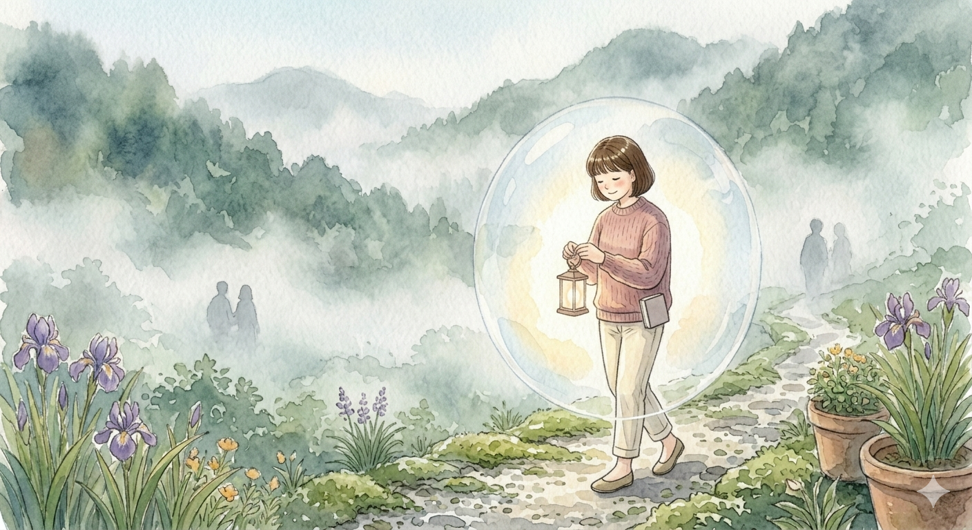 "안개가 자욱한 숲속 산책로에서 한 여성이 등불을 들고 고요하게 걷고 있는 수채화 일러스트. 주변은 불투명하고 불확실하지만, 자신의 손에 든 등불(자기 확신)을 믿으며 흔들림 없이 나아가는 모습을 통해 관계의 불안을 극복하는 심리적 태도를 상징함."