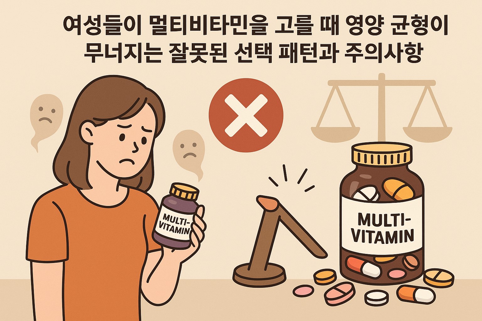 여성들이 멀티비타민을 고를 때 영양 균형이 무너지는 잘못된 선택 패턴과 주의사항을 한눈에 정리한 대표 이미지