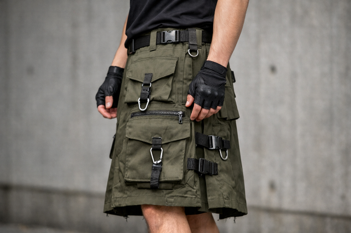 수납성과 실용성을 극대화한 유틸리티 디자인의 남성용 기능성 스커트.