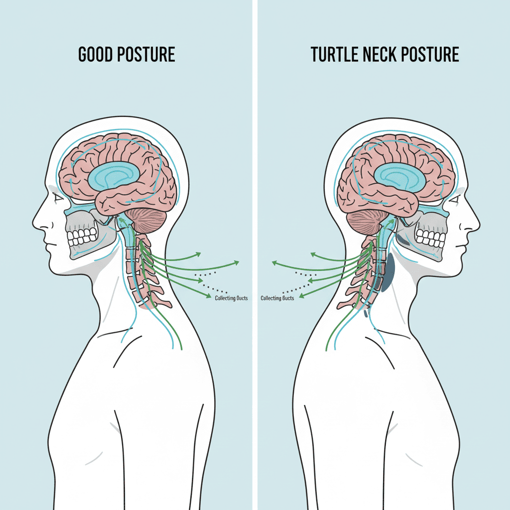 바른 자세가 뇌막 림프관의 순환을 도와 뇌 노폐물 제거를 촉진하는 구조도
