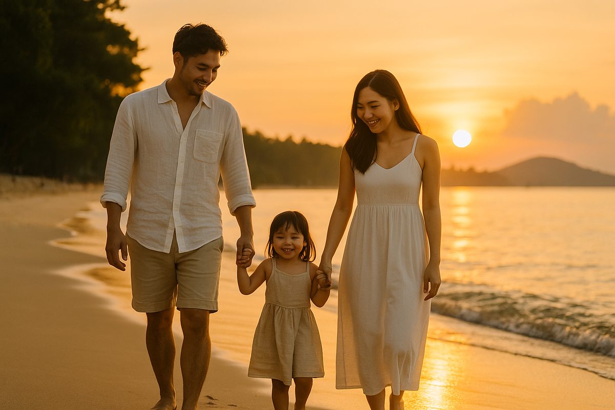 푸꾸옥 석양 해변에서 가족이 산책하는 장면