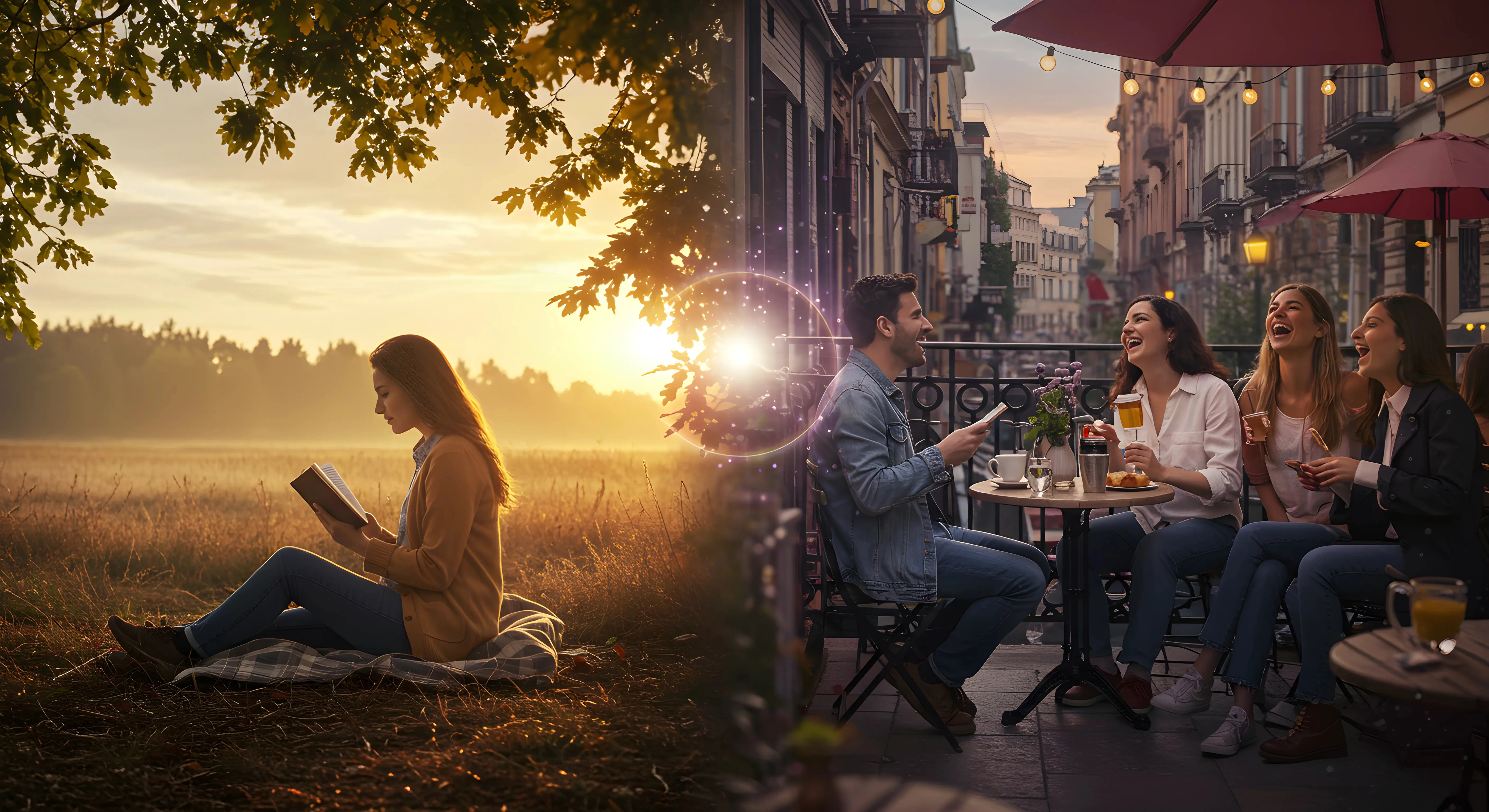 내향형과 외향형의 에너지 충전법을 대비한 이미지 - 왼쪽에는 황금빛 일몰 속 자연에서 혼자 책을 읽는 여성, 오른쪽에는 도시 카페 테라스에서 친구들과 대화하며 웃고 있는 사람들. 두 장면이 신비롭게 연결되어 MBTI 성향별 에너지 충전 방식을 시각화함.