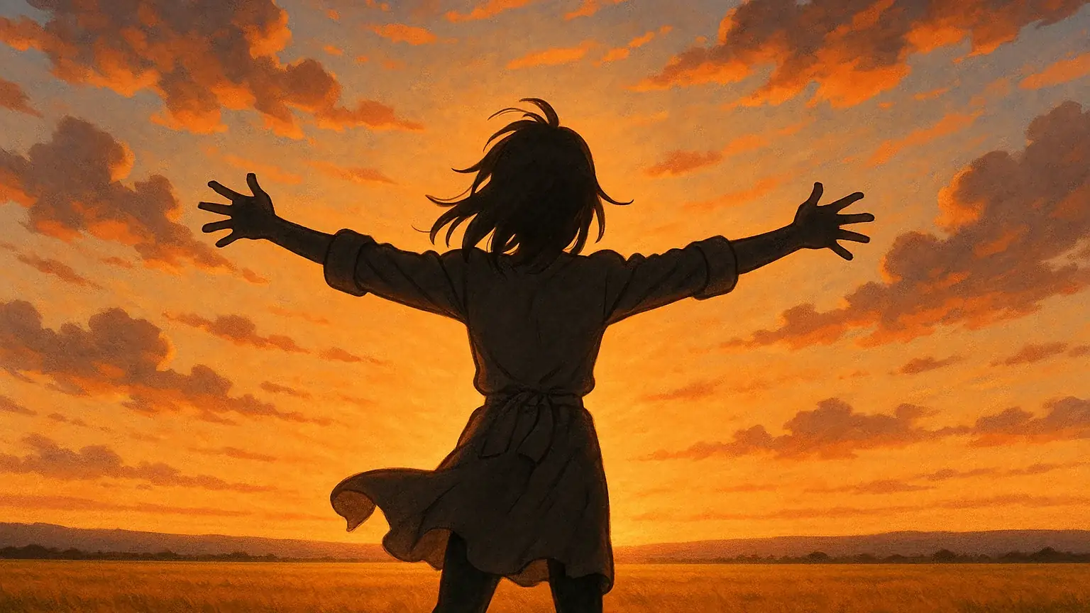 석양을 배경으로 팔을 벌리고 서 있는 사람, 역경을 극복한 후의 감사와 성장을 상징하는 장면