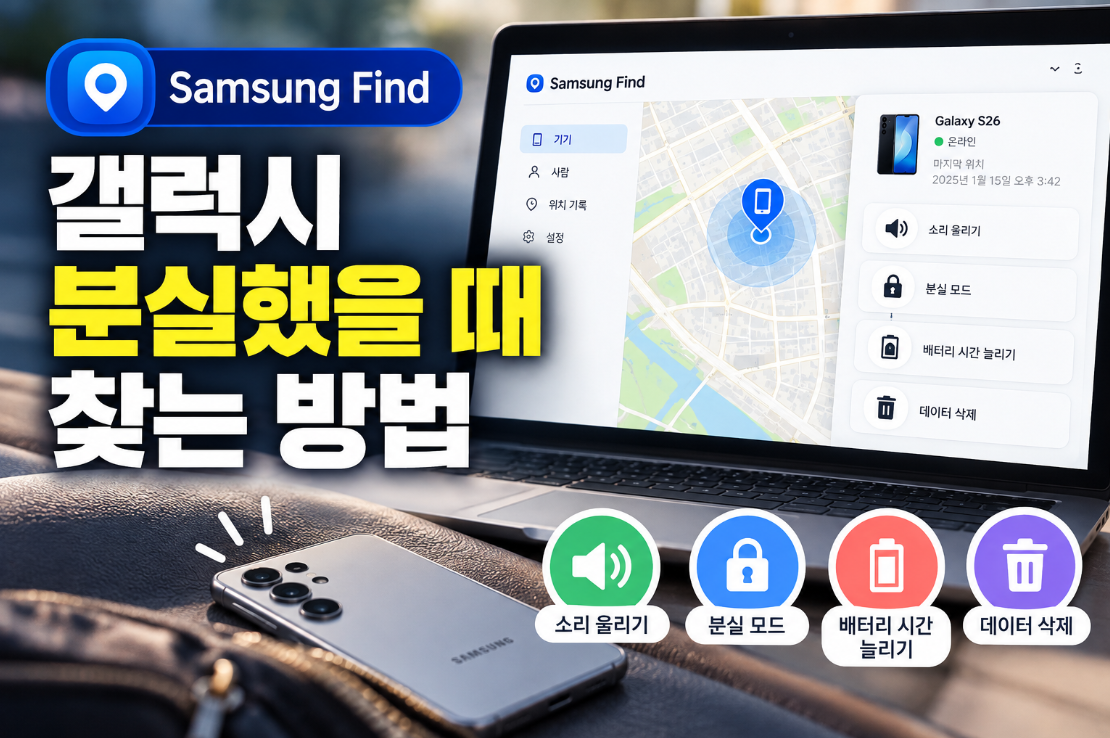 Samsung Find로 분실한 갤럭시 스마트폰의 위치를 확인하는 모습