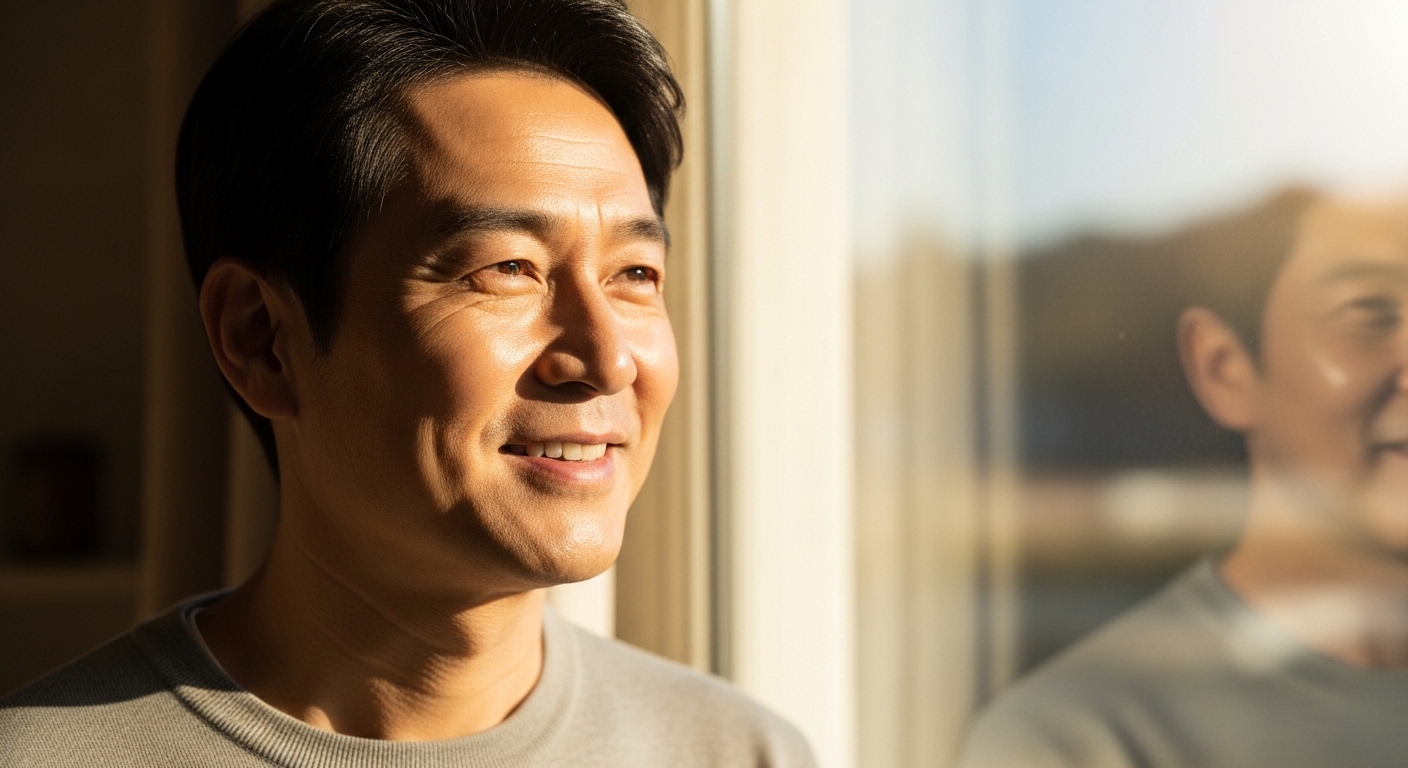 아침 햇살 속에서 편안히 미소 짓는 50대의 모습