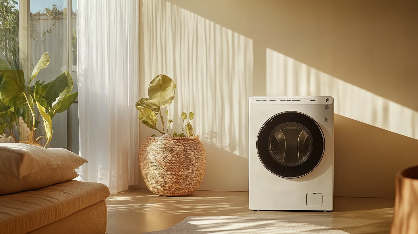 모던한 세탁실에 설치된 삼성 WD25DB8695BC 세탁기로 세련된 인테리어와 깔끔함을 강조한 모습.