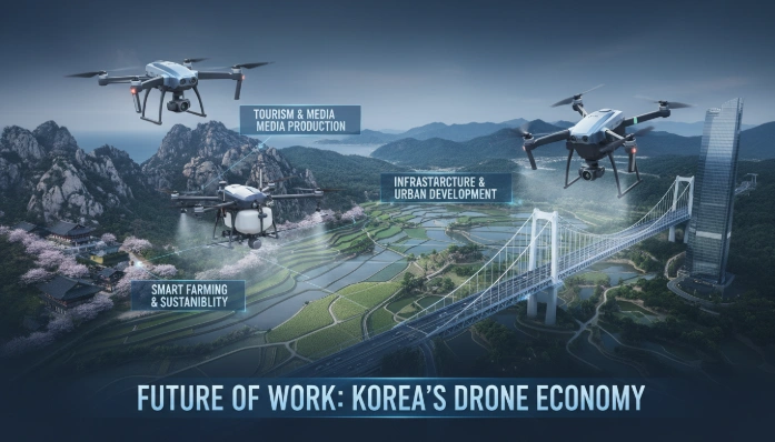 한국의 다양한 풍경 위로 비행하며 항공 촬영, 농업 방제, 시설물 점검 등 여러 드론 활용 분야를 보여주는 모습.