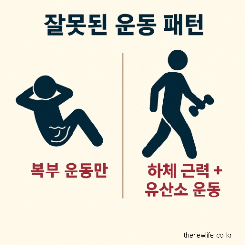 “복부 운동만 반복하는 잘못된 운동 패턴과 식단 조절 + 하체 근력 운동 + 유산소 운동을 병행하는 올바른 운동 방법을 비교한 인포그래픽 이미지. 복근 운동과 전신 운동의 효과 차이를 시각적으로 표현함.”