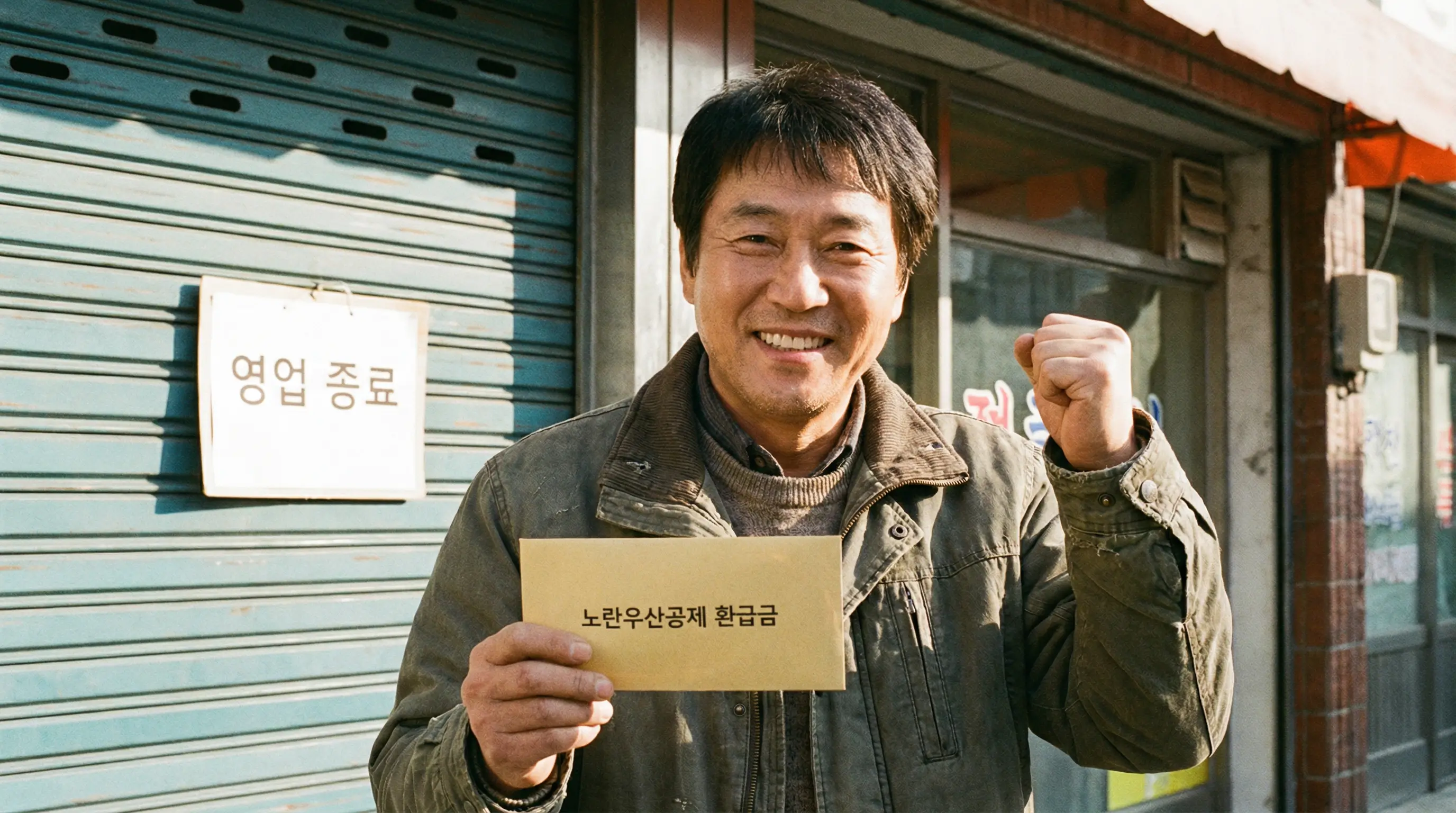 폐업 후 노란우산공제 환급금을 수령하여 재기를 다짐하며 밝게 웃는 중년 남성의 모습