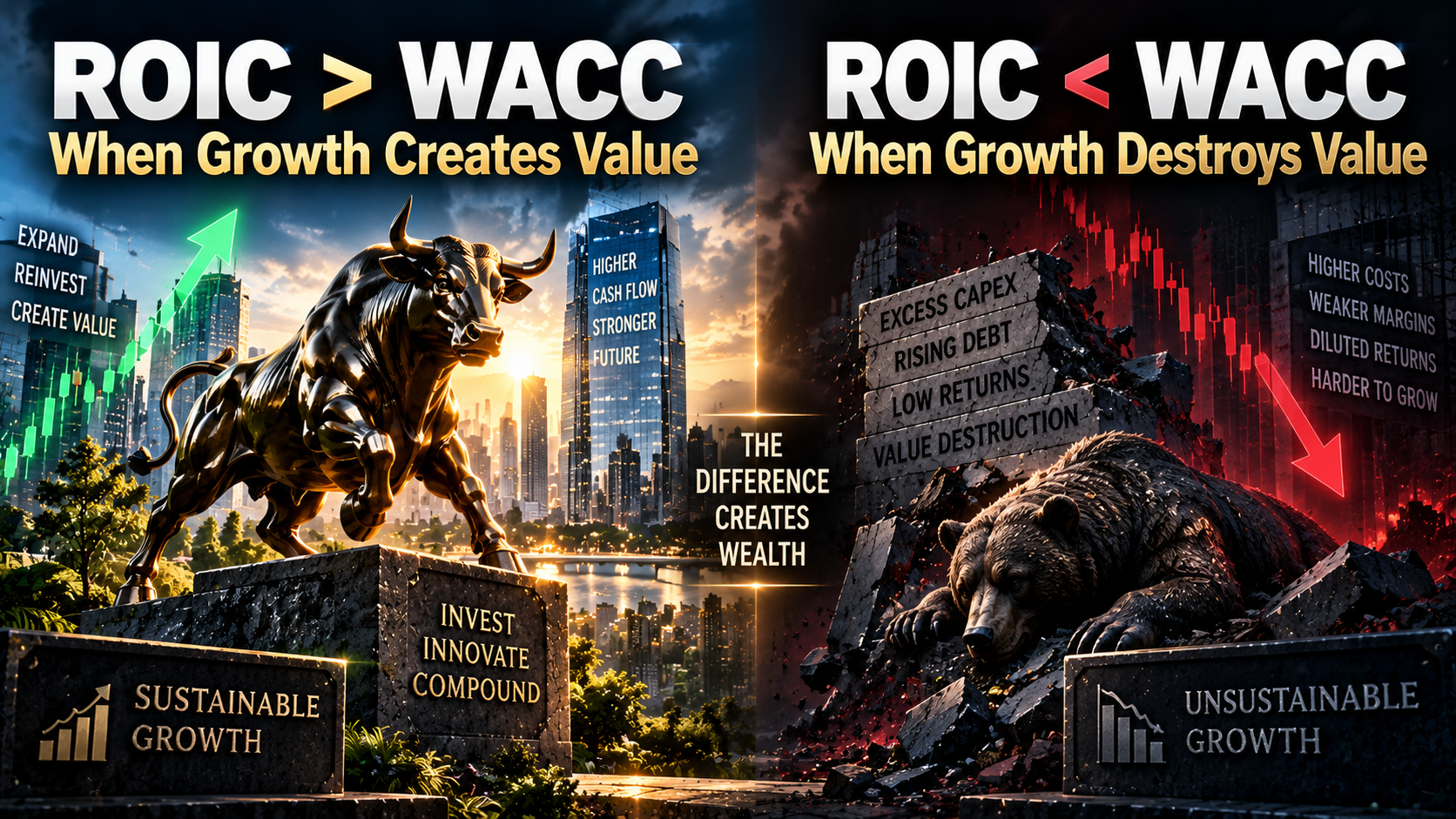 ROIC above WACC creating economic value compared with ROIC below WACC destroying value.