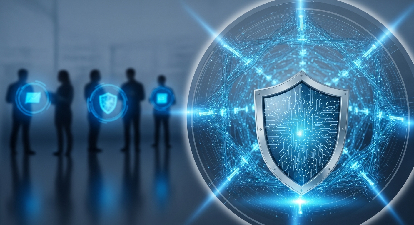 강력한 사이버 보안을 상징하는 디지털 네트워크 이미지. 보호막과 함께 안전하게 데이터가 흐르는 모습으로, 사용자들의 신뢰를 표현.