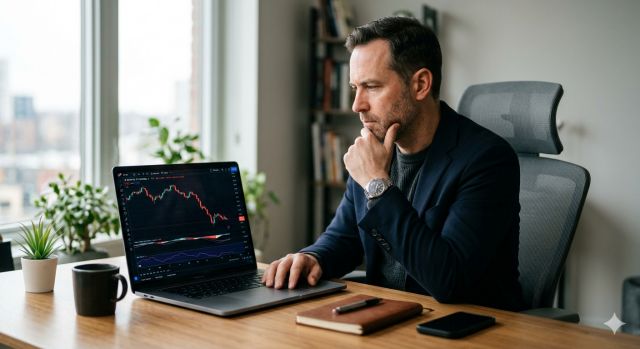 유가 하락 그래프를 분석하며 투자 전략을 세우는 투자자 모습