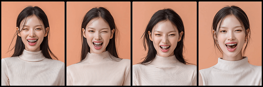 Midjourney OREF 웃음 표정, 살짝 기울인 머리와 장난기 어린 눈빛의 여성 이미지_Midjourney