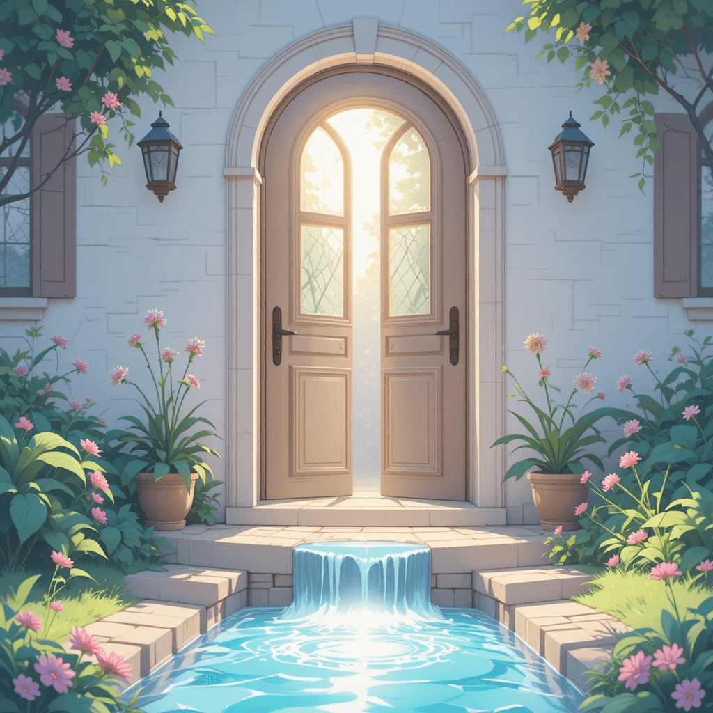 물(홍수)이 나오는 길몽 중 맑은 물이 집으로 들어오는 꿈의 이미지입니다.