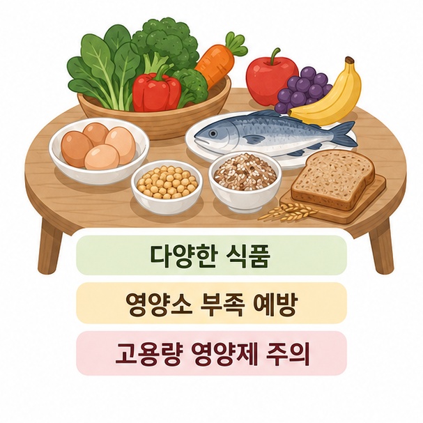 채소와 과일, 단백질 식품과 통곡물을 다양하게 먹고 고용량 영양제에 의존하지 않는 식사 방법을 보여주는 그림