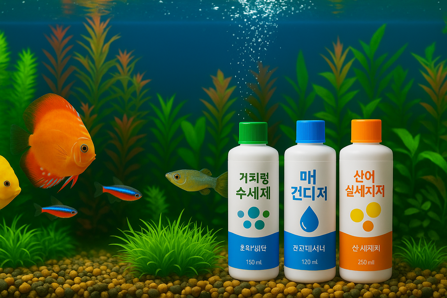 깨끗한 물이 담긴 열대어 수조 앞에 다양한 종류의 수질 안정제(물갈이제, 박테리아제, pH 조절제 등) 병들이 나란히 놓여 있고, 수조 안에는 건강한 열대어와 수초가 평화롭게 헤엄치고 있는 모습.