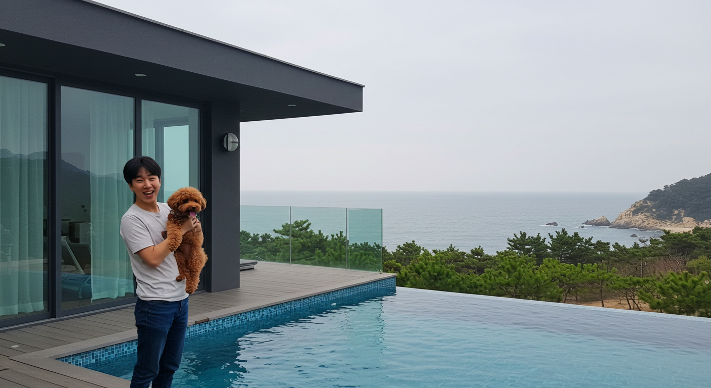 강릉 반려견 동반 풀빌라에서 수영장을 바라보는 한국인과 강아지