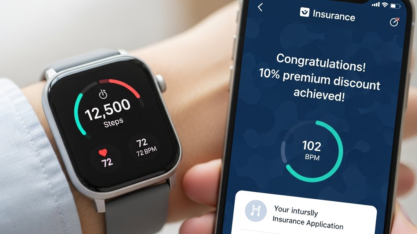 스마트워치에 걸음 수와 심박수가 표시된 모습. 배경의 스마트폰 보험 앱에 '보험료 10% 할인 달성!'이라는 메시지가 떠 있다.