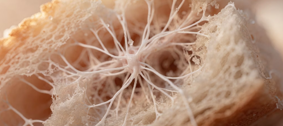 현미경으로 본 곰팡이 균사가 음식 내부로 침투하는 모습