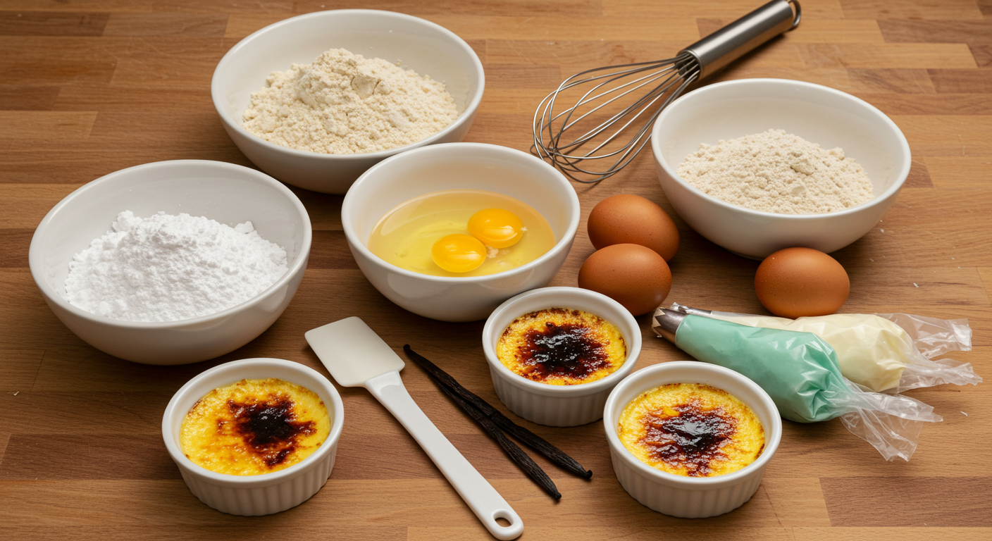 작업대 위에 정갈하게 놓인 마카롱과 크렘브륄레 재료 및 도구들