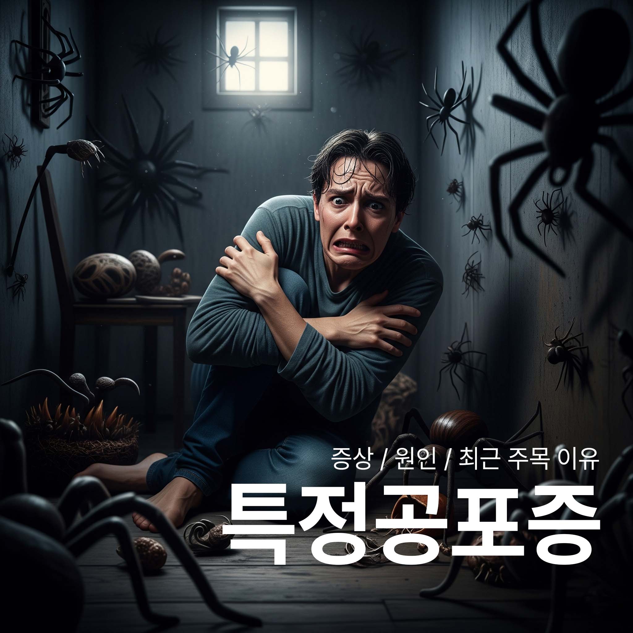 거미에 대한 특정공포증이 있는 사람이 거미를 두려워 하고 있는 것을 표현한 그림